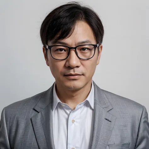 Close-up of a middle-aged Chinese man in a suit and glasses on a white background，A photo of your face with a clear front