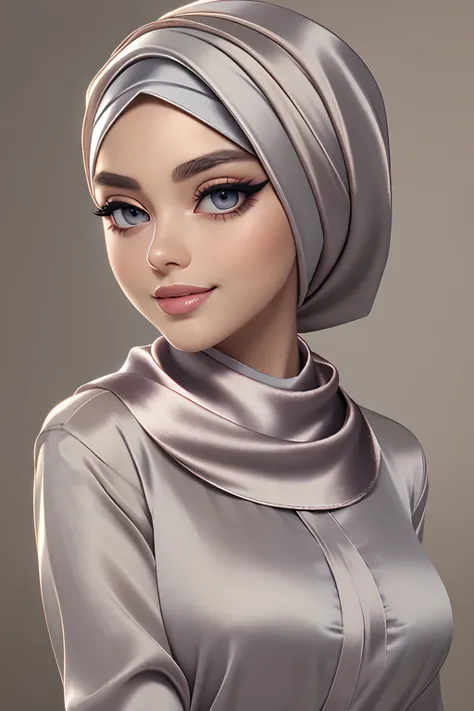 (Masterpiece, realistic, best quality, best lighting, 1 girl photo solo, beautifully makeup, eyeshadow, Parted Lips, Detailed Eyes, beautiful big eyes, long eye lashes, smile, wearing ((Taupe satin headscarf)), loosely tide hijab style, ((Gray satin shirt)...