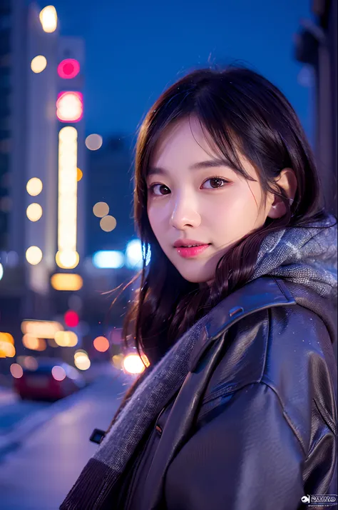 (8k, RAW photo, best quality, masterpiece:1.2), (realistic, photo-realistic:1.37),1girl,(Kpop idol), (aegyo sal:1),cute,cityscape, night, winter, snow, professional lighting, photon mapping, radiosity, physically-based rendering,