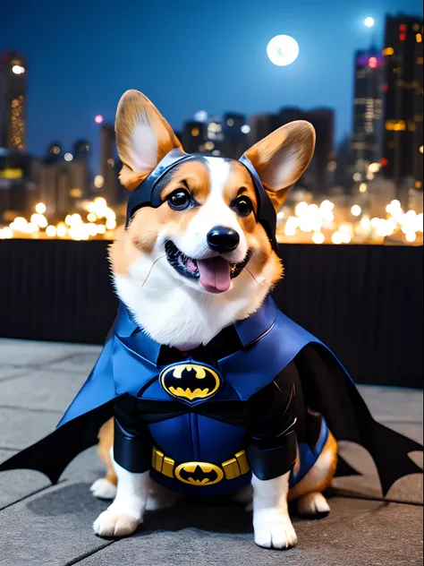 a corgi superdog batman suit. Stand on the rooftop. , night , blue lightning , moon , moon light , diffused lighting