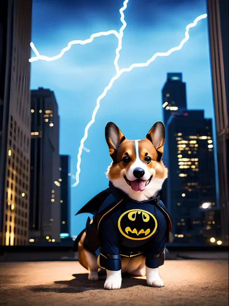 a corgi superdog batman suit. Stand on the rooftop. , night , blue lightning , moon , moon light , diffused lighting