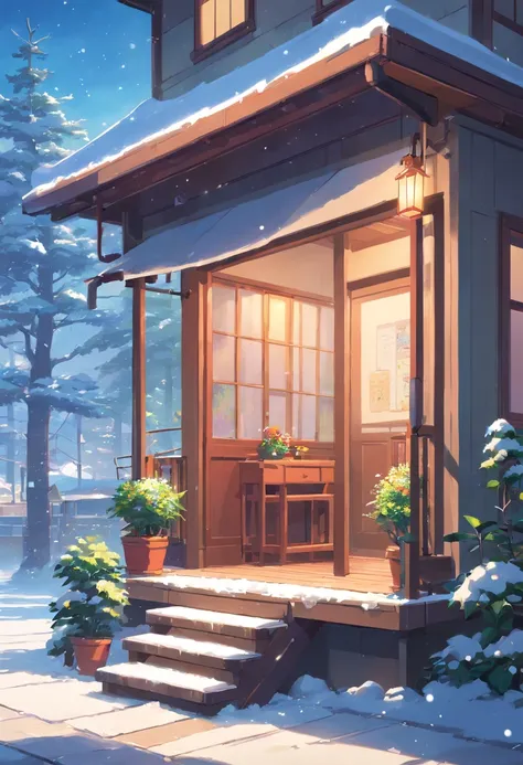 porch，On the left side of the screen is outside in the snow，On the right side of the screen is an indoor shoe cabinet，There are no characters，3D, 8K, Highly detailed, digitial painting, ,illustration, art, 3D style Pixar animation, friendly,