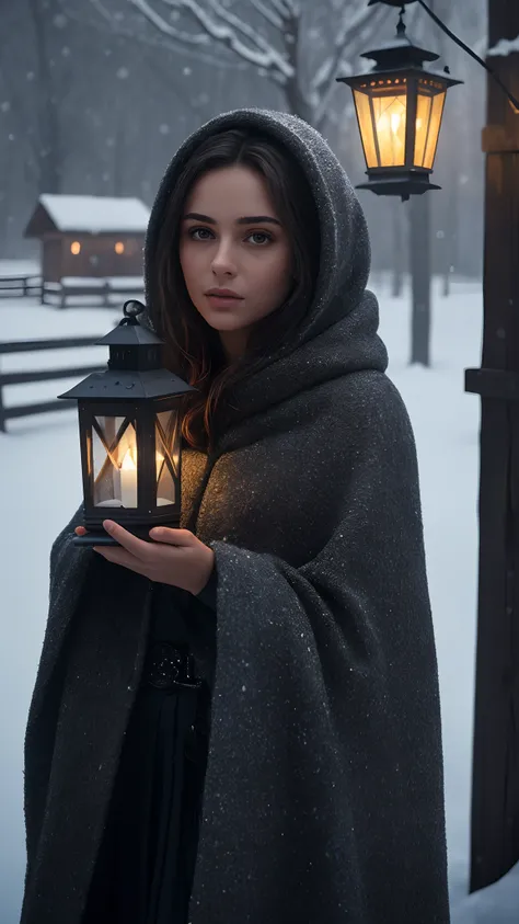 (Highest Quality: 1,3), The girl is beautiful,morena,Standing by the lantern,A lantern illuminates her,winter,Cold ,snowfall, Cinematic Snapshot, tmasterpiece, (sharp-focus: 1,5), (photo-realistic: 1,3), medium portrait of, giving the scene a gloomy atmosp...