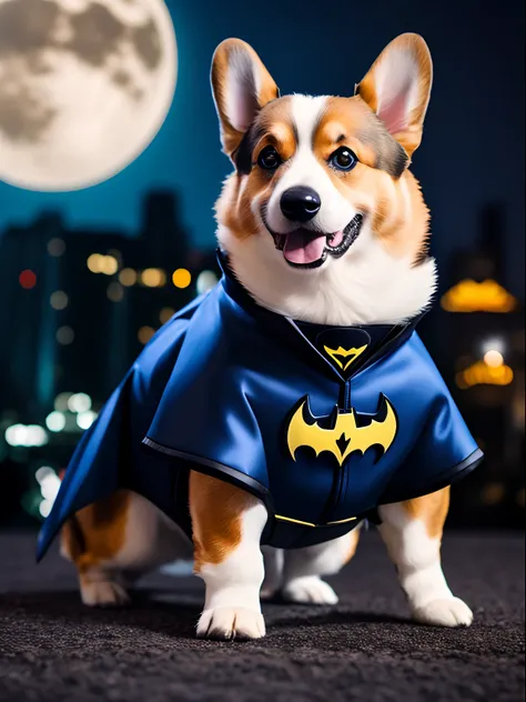 a corgi superdog batman suit. Fly in the sky , wide angle , side , night , blue lightning , moon , moon light , diffused lighting