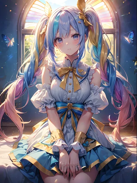 Golden light、rainbows、Heaven、angelicales (rainbow hair:1.4),((Long twintails,Ribbon 1.4)),(Blue butterfly hair ornament),、Deities、Luz Divina(masutepiece:1.3), (8K, Photorealistic, Raw photo, Best Quality: 1.4), angelicales, Intricate details,Golden ratio, ...