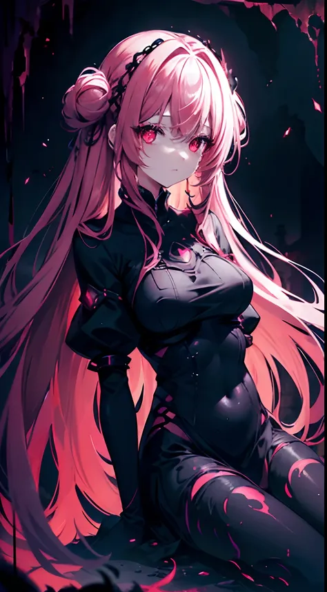 Her hair is long and pink、Glowing suspicious eyes、Ruins、All body in、monochromes、In the darkness、fullllbody、Has a dark red glow and red eyes、Dark shapeless creatures surrounded by darkness:1.2