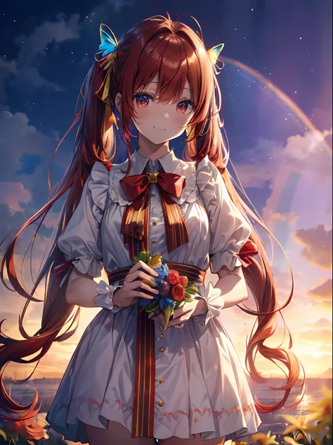 Golden light、rainbows、Heaven、angelicales (Reddish rainbow hair:1.4),((Long twintails,Ribbon 1.4)),(Blue butterfly hair ornament),、Deities、Luz Divina(masutepiece:1.3), (8K, Photorealistic, Raw photo, Best Quality: 1.4), angelicales, Intricate details,Golden...