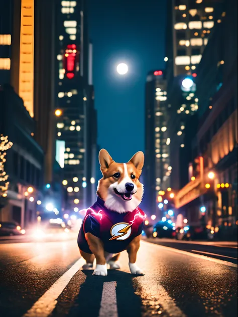 a corgi superdog The flash suit. speed force, Standing on the streets of big cities , night , red lightning , moon , moon light , diffused lighting