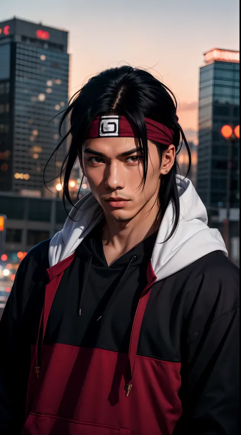 masterpiece, ultra-detailed, 1boy, male focus, upper body shot, Hashirama wearing maroon Streetwear Hoodie, long black hair, white headband, look at viewer, Serious face, vibrant colors, cityscape background, dinamic lighting, highly detailed face, stylish...