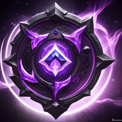 a close-up of a purple and black logo on a white surface, mana flows around him, purpurne, antikes symbol dahinter, lila leuchte...