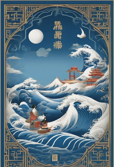 there is a blue book with a white design on it, wave, a silk screen inspired by Xiao Yuncong, behance contest winner, computer art, art cover, overlaid with chinese text, overlaid with chinese adverts, artwork in the style of z.w. gu, dvd screencapture, g ...