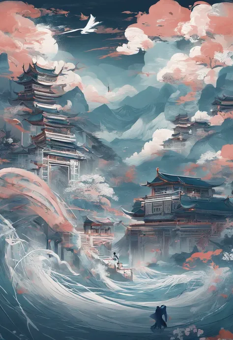 there is a blue book with a white design on it, wave, a silk screen inspired by Xiao Yuncong, behance contest winner, computer art, art cover, overlaid with chinese text, overlaid with chinese adverts, artwork in the style of z.w. gu, dvd screencapture, g ...