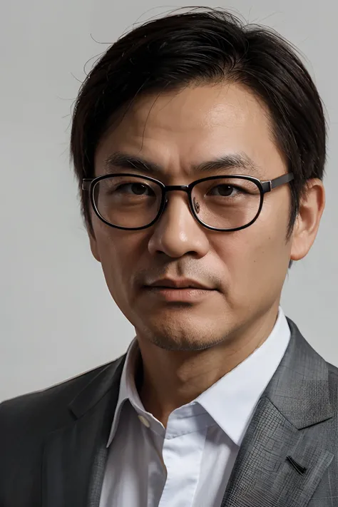 Close-up of a middle-aged Chinese man in a suit，Wear glasses on a white background，There is a clear face on the front