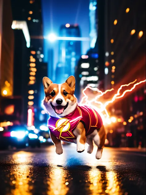 a corgi superdog The flash suit. speed force, Running at high speed , On the streets of big cities. , night , red lightning , moon , moon light , diffused lighting , red tunder,