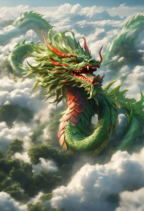 a dragon rising from a sea of clouds、carrying great happiness、huge body of green and red on gold、view here、perfect litthing、high...