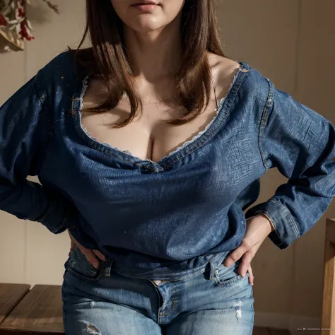 (Best quality, High resolution, Ultra-detailed:1.2), 1 mature woman in jeans and blouse, Illustrations, Couleurs vives, intense illumination, (Shameful dry bump session:1.2)