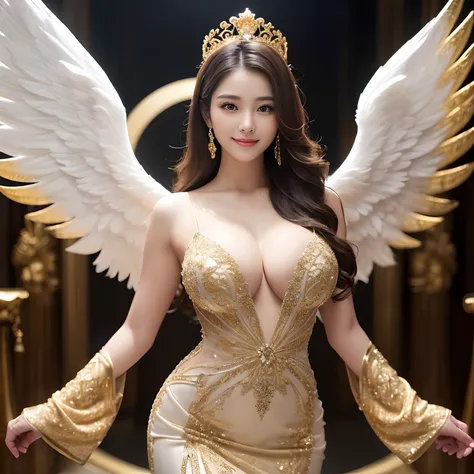 ((Very beautiful angel queen,Final Form as the Perfect Angel, Angel masterpiece,Huge and realistic angel wings,The most dignified feathers,Golden light,shining background,Deities々Shikai,The most luxurious and sacred temple background,White and gold temple ...