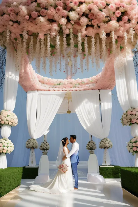 a man and woman in white outfits standing under a floral canopy, luxurious wedding, very magical and dreamy, by Ke Jiusi, 🤬 🤮 💕 🎀, ornate and intricate backdrop, dreamy and detailed, with intricate detail, with intricate details, look at all that detail!, ...