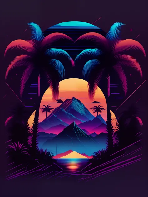 mountains, palm trees and sun, vectorized, synthwave, purple blue red orange, bright neon colors on a dark background,