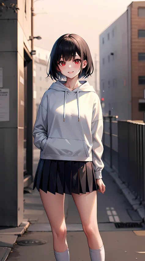 (masterpiece:1.0),(best_quality:1.0), Standing at attention, looking at viewer, 8k, 1girl, solo, a character with red eyes and short black hair, wearing a white hoodie, black pleated skirt, high-leg white socks, and white shoes, cowboy shot, happy,