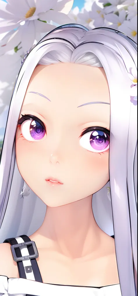 realistic, 1girl, white hair, purple eyes, glowing eyes, crop top, skirt, parted lips, blush, night, flowers, sun, sunlight,