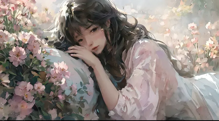 There was a woman lying on a couch in a field of flowers, Guviz, Guviz-style artwork, guweiz masterpiece, by Yang J, Guweiz in Pixiv ArtStation, Soft anime illustration, trending on cgstation, Guweiz on ArtStation Pixiv, author：yanjun cheng, a beautiful an...