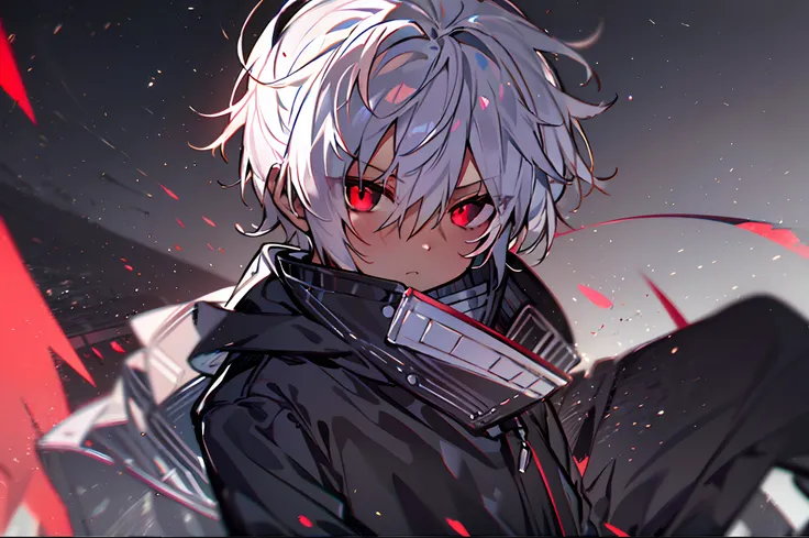 hight resolution,close range、Anime boy with white hair and red eyes staring at camera, Glowing red eyes,slim, dressed in a black outfit,Shadow Body,Brown skin、monochromes,hair messy,Straight face、glares、Diagonal angle