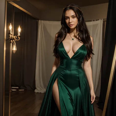 One woman of about 20 years old, black long hair, body measurement 36-25-36, height 57", Hazel eyes, wearing green sparky luxury gown , hair ornament, necklace, jewelry, instagram model, tyndall effect,relaxing, dark studio, rim lighting, two tone lighting...