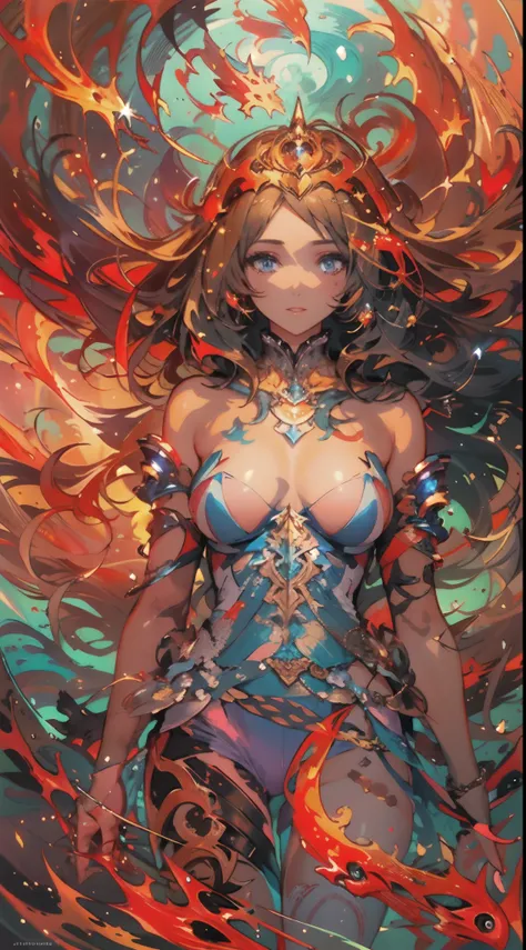 Conceptual art of a harmony of red and blue flame, fantasy landscape, fish shape fire,Beautiful glowing flame with different shapes, flying fire made Fish, full body naked young woman animated fantasy illustration, beautiful hair, completely naked woman in...