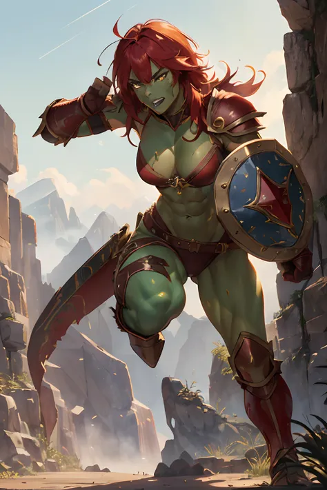 (1  muscular beauty female,warrior,half orc, humanoid,green skin, messy red hair,scar:1.2),medium breasts, fantasy world, medieval, cave, mining operation, fortifications, (leather bra, threatening armor, leg guard, gauntlets:1.2), red cape,dynamic fightin...