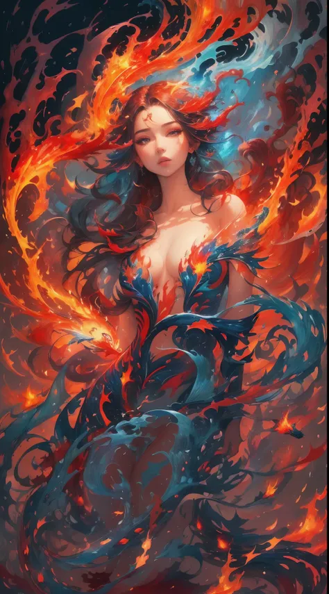 Conceptual art of a harmony of red and blue flame, fantasy landscape, fish shape fire,Beautiful glowing flame with different shapes, flying fire made Fish, full body naked young woman animated fantasy illustration, beautiful hair, completely naked woman in...