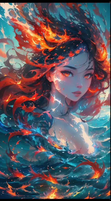 Conceptual art of a harmony of red and blue flame, fantasy landscape, fish shape fire,Beautiful glowing flame with different shapes, flying fire made Fish, full body naked young woman animated fantasy illustration, beautiful hair, completely naked woman in...