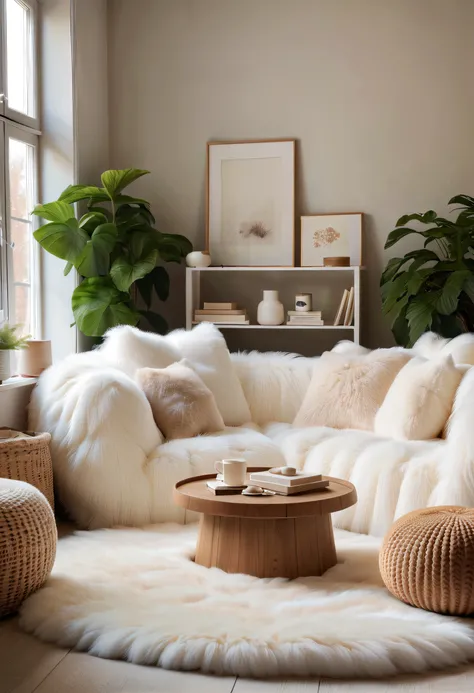 Furniture design, fluffy living room, fluffy materials, fluffy sofa, fluffy cushions, fluffy armchair are surrounded by a fluffy white rug, large windouws, natural light