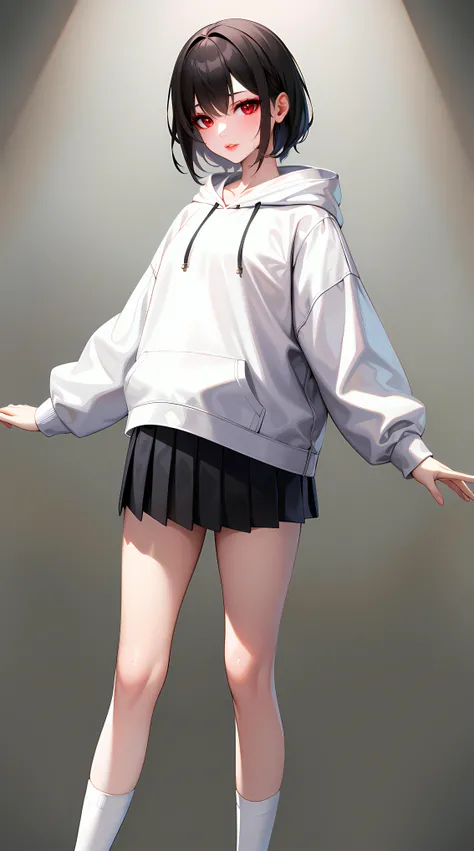 (masterpiece:1.0),(best_quality:1.0), Standing at attention, looking at viewer, 8k, 1girl, solo, a character with red eyes and short black hair, wearing a white hoodie, black pleated skirt, high-leg white socks, and white shoes, cowboy shot, happy,