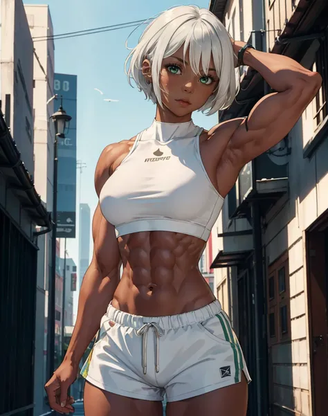 masterpiece, best quality, highres, 1 young woman, solo, ,bangs,white hair,short hair, shining green eyes, (dark brown skin:1.3),perfect muscular body,firm muscle,abs:1.2,standing tall, furious expression, medium breast,(crop top, plain clothes:1.3),(short...