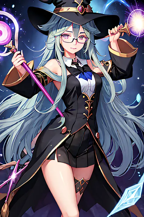 female pervert，magestic，Black wizard hat，magical staff，wears glasses，black reotard，Magic effects，mischievous，anime，cabelos preto e longos