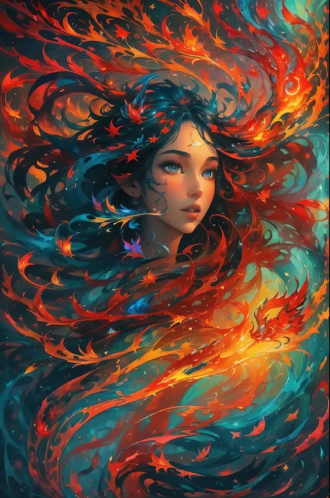 Conceptual art of a harmony of red and blue flame, fantasy landscape, fish shape fire,Beautiful glowing flame with different shapes, flying fire made Fish, full body naked young woman animated fantasy illustration, beautiful hair, completely naked woman in...