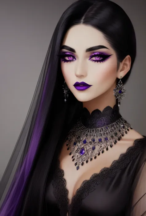 a woman with long black hair and purple makeup wearing a choke, wearing goth makeup, wearing gothic accessories, violet and black, goth makeup, gothic aesthetic, gothic makeup, black and purple, gothic style, goth style, dark purple tones, goth vibe, dark ...