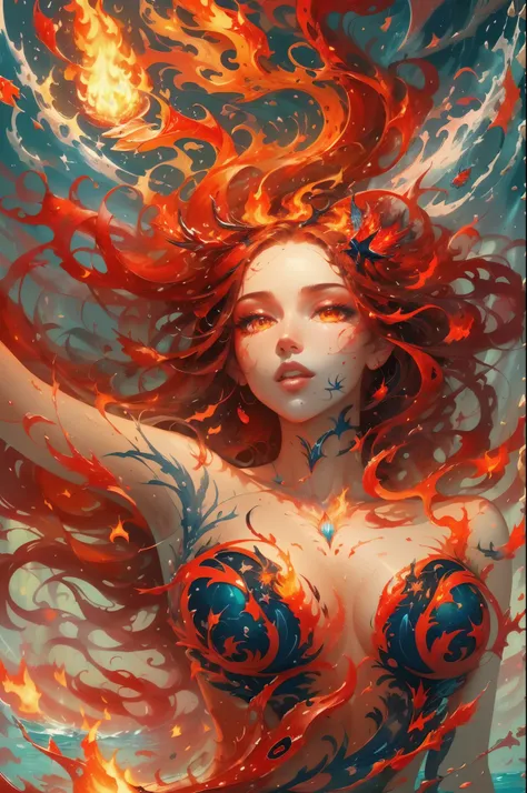 Conceptual art of a harmony of red and blue flame, fantasy landscape, fish shape fire,Beautiful glowing flame with different shapes, flying fire made Fish, full body naked young woman animated fantasy illustration, beautiful hair, completely naked woman in...