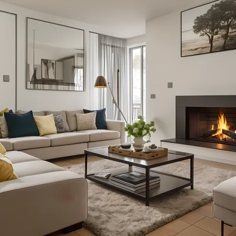 A cozy living room with a fireplace, modern and minimalist style --auto --s2