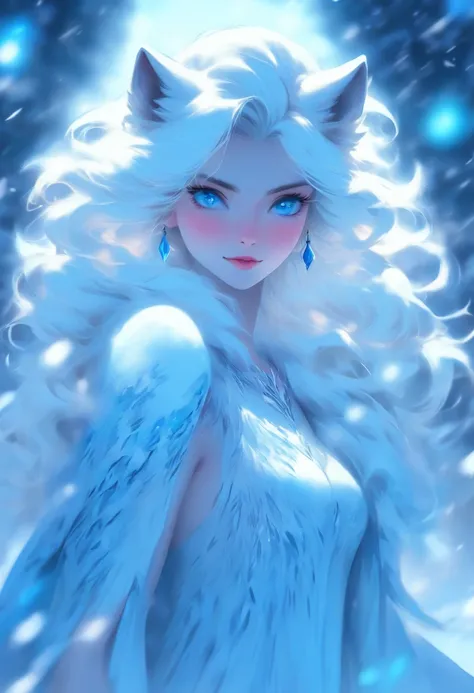 snowy night：1.3，Moonlight shining blue，She has her back to the camera，turned around，Not anthropomorphic：1.5，（Full body），（She、Walking with a white wolf：1.3），Big Blue Moon，（Long blue-white dress），（Blue-eyed big wolf），in snow，White hair：1.3，(​masterpiece、top-...