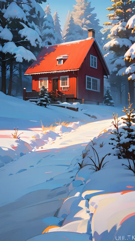 `(8K),Winter landscape with light snowfall and strong winds, a small hill with a red tiled house covered in snow stands, a path leading to the red tiled house lined with resilient flowers, grass, and trees. A river flows beside the hill.`(best quality,ultr...