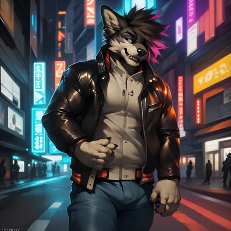 male, solo, (by honovy, by darkgem, by narse, by tojo the thief), anthro, (wearing jacket:1.2), quality eyes, leather jacket, fur, fancy, white shirt, night, city, tokyo, street, akihabara, neon lights, jeans, (5 fingers:1.3), detailed eyes,