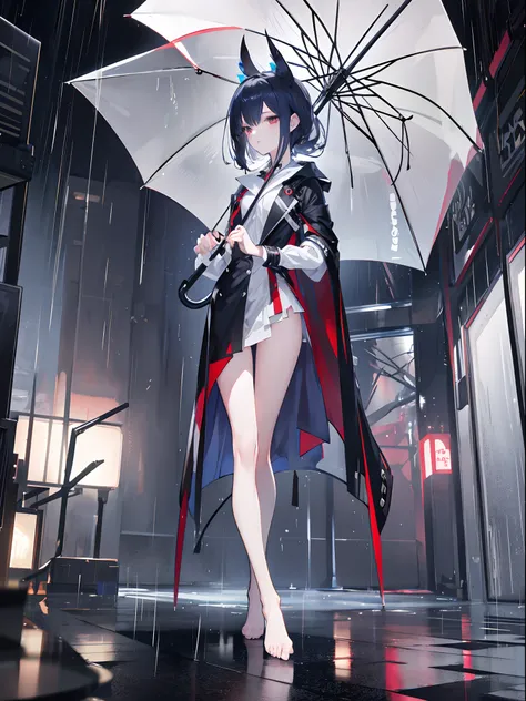 （tmasterpiece，HighestQuali，8k wallpaper，GameCG），Transparent girl，rainy evening，holding a umbrella，greyt hair，naked leg，The expression is confused，solo person