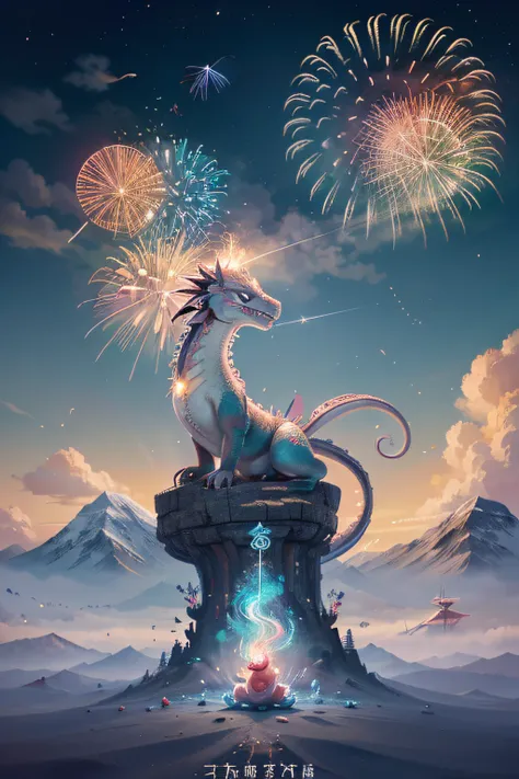 Cute detailed digital art, lovely digital painting, cute little asia dragon, pastel, Chinese, cartoon character, cloud, sky, chill chill, lunar new year, firework, boom boom, funny, happy. Dragon stand on the moutain