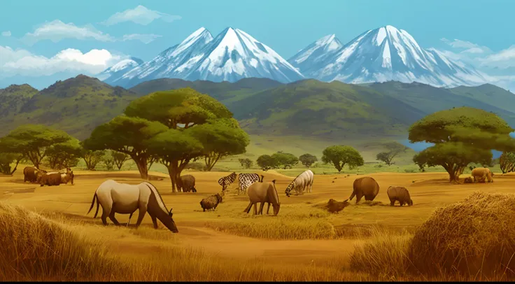 There are many animals in the fields，The background is a mountain, safari background, savana background, africa grassland, landscape of africa, africa grassland, african plains, on the african plains, 4 k hd wallpaper illustration, amazing landscape in bac...