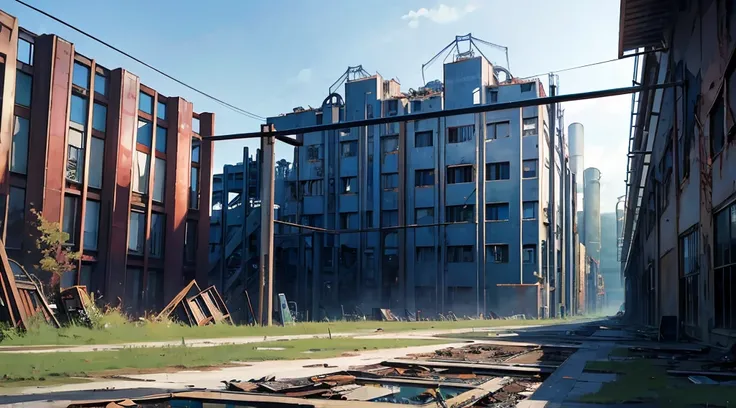 hight resolution、anime scener、云、during daytime、blue open sky、(abandoned factory:1.5)、factories、buliding、chimney