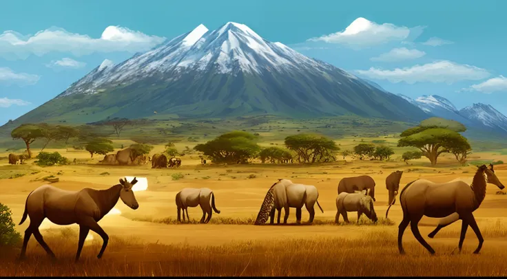 There are many animals in the fields，The background is a mountain, safari background, savana background, africa grassland, landscape of africa, africa grassland, african plains, on the african plains, 4 k hd wallpaper illustration, amazing landscape in bac...