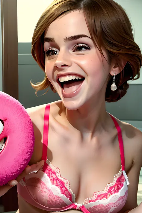 araffed woman, Emma Watson, in a pink bikini holding a red object, Staring Emma Watson Screaming, insane smile, she is smiling and excited, she is laughing, crazy seductive smile, excited, cleavage, mouth open, very excited, fleshy creature above her mouth...