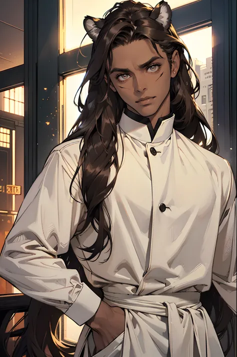 ((Beautiful man:1)) , ((Dark skin:1.5)) , ((long hair)) , ((brown hair)) , ((male:1.4)) , full lips , light silver eyes , voluminous hair,((has tiger ears:1.1)), ((Skinny build)) ,effeminate , ((has a center part in hair:1)), full long eyelashes,((straight...